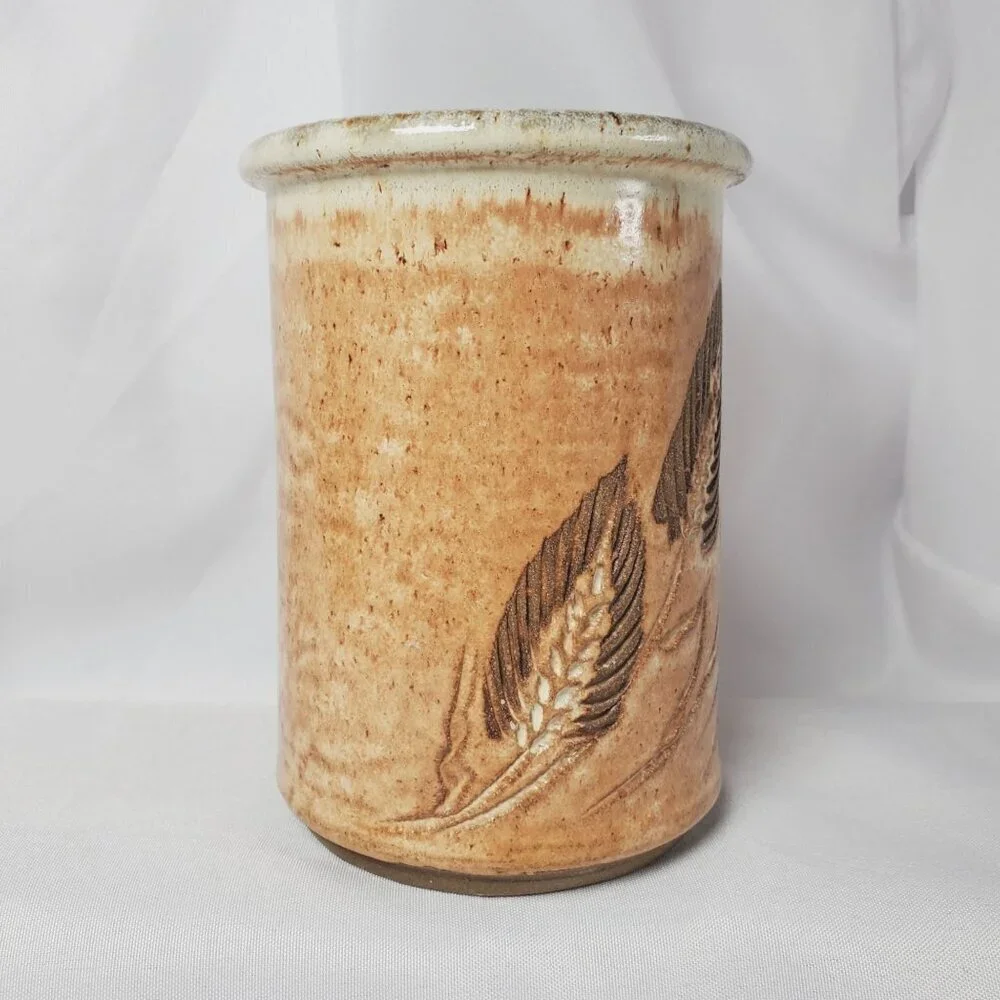 Stoneware Wheat Country Motif Vase/Beech Holder Artisan Studio Art 5.5